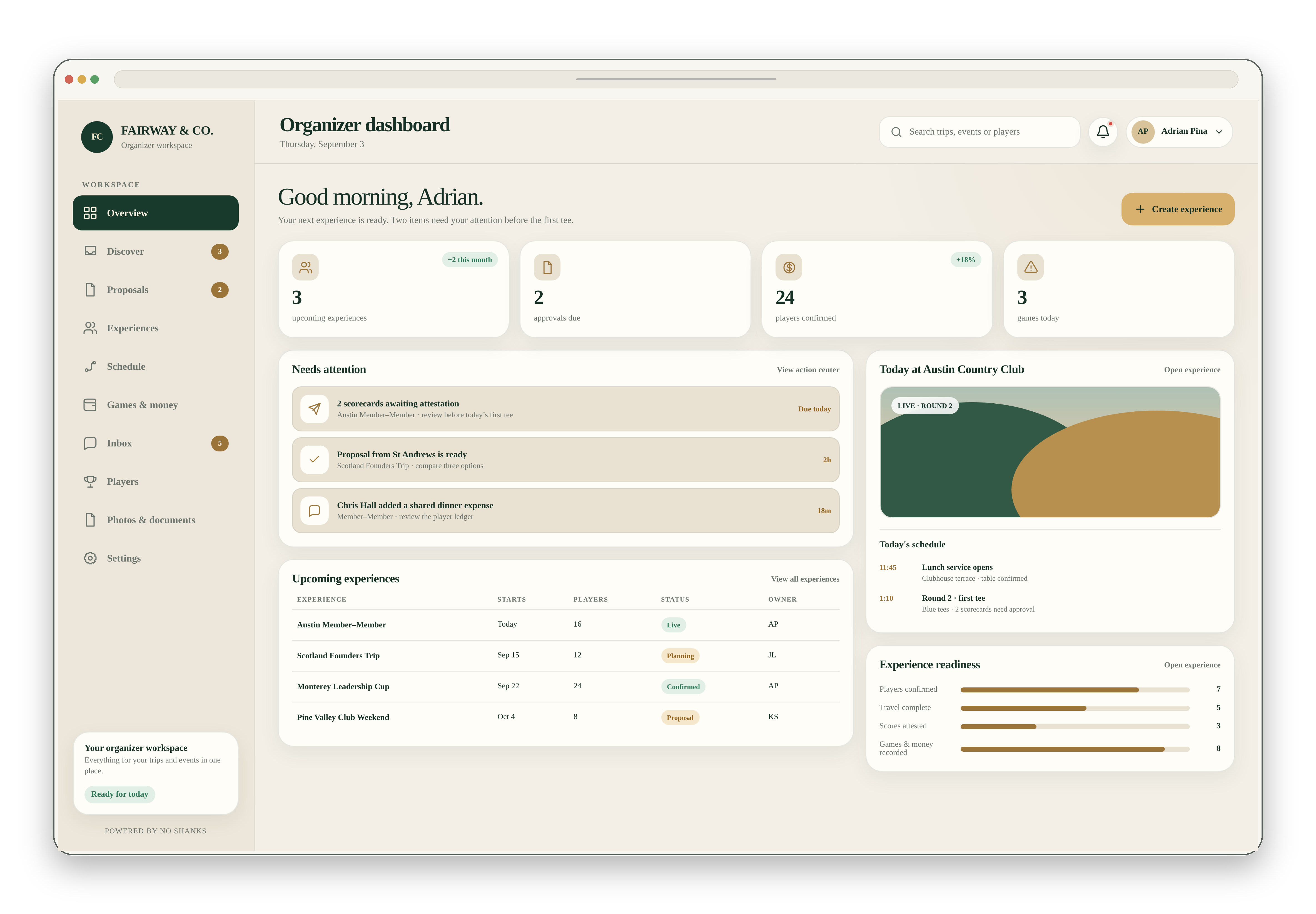 No Shanks organizer dashboard